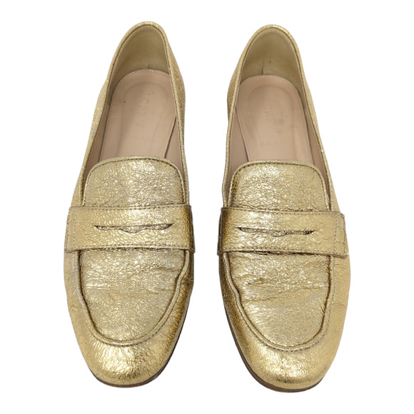 J. Crew Charlie Leather Crinkled Metallic Gold Loafers Size 8 - Picture 2 of 6